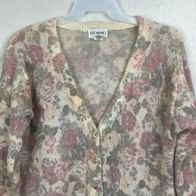 Vtg Altopiano Mohair Wool Blend Beige Pink Floral Cardigan Sweater MEDIUM Italy • $18.75