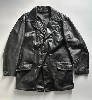 EX+ Vintage Orig. 1960s 70s Black Leather Car Coat Size XL 46L Gangster Mobster • $299