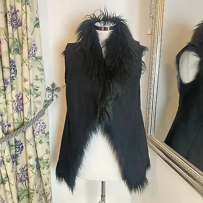 Marc Cain N3 UK 12 Black Faux Fur Fluffly Suede Effect Gilet Jacket Sleeveless • $52.22