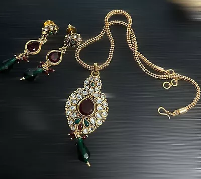 Vintage Bollywood Indian Gold Plated Lab Gemstone Necklace & Earrings Set 1 • $20