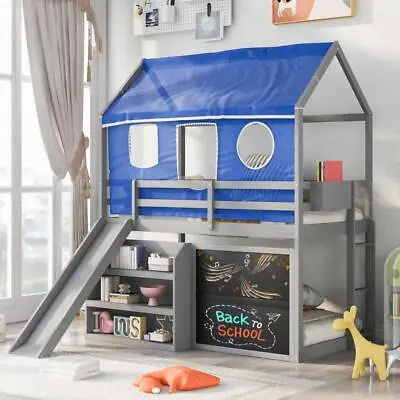 $598.99 • Buy New Practical Modern Twin Over Twin House Bunk Bed With Blue Tent Slide Shelves