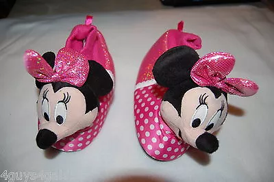 Toddler Girls Slippers MINNIE MOUSE Plush Head PINK DOT Bow SIZE L 9-10 XL 11-12 • $14.99