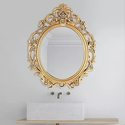 Wall Mounted Mirror Style Vintage Gold Framed Oval Round Resin Large Decorative • $110