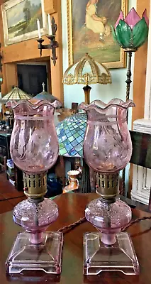 Vintage Pair Pink Etched Flowers Glass Hurricane / Boudoir Lamps • $130