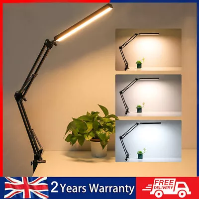 LED Desk Lamp Adjustable Swing Arm Table Light Dimmable Eye-Caring With Clamp • £12.99