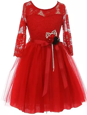 Red SZ 2 Long Sleeve Girls Dress Floral Lace Roses Corsage Christmas Flower Girl • $14.99
