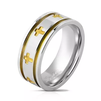 Stainless Steel Gold Plated Grooved Edges Cross Eternity Band Ring Size 9-13 • $7.99