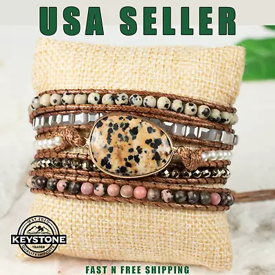 High Quality Leather Boho Wrap Bracelet Dalmatian Jasper Healing Stone Cuff A5 • $16.99