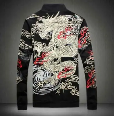 Mens Chinese Totem Dragon Printed Stand Collar Casual Coat Hoodie Outwear Jacket • $38.15