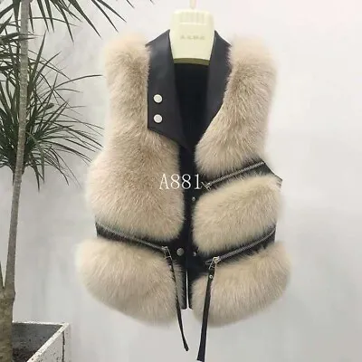 New Women Luxury Fox Fur Vest Genuine Sheepskin Leather Gilet Waistcoat Faux Fur • $111.26