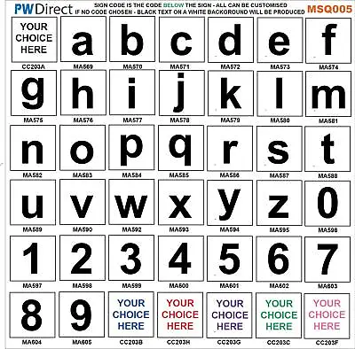 Sign Custom Choice Image Alphabet Lower Case Numbers Letters Msq005 Storage Bay • £4.91