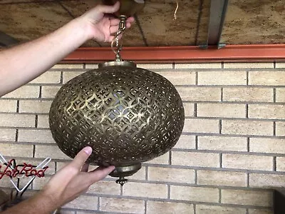Moroccan Pierced Brass Swag Hanging Ceiling Light Pendant Lantern Vtg • $186.03