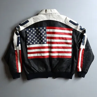 Vtg Michael Hoban Patriotic American Flag USA Leather Bomber Jacket Mens XL • $55