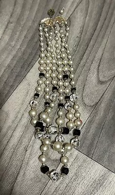 Vintage Multi Strand Black & Marble Bead Faux Pearl Necklace • $5.99