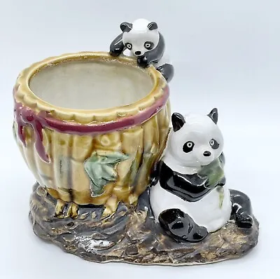Small Majolica Glazed Ceramic Planter W Pandas And Bamboo Pattern • $12.60