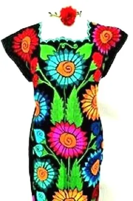 Peasant Mexican Black Maxi Dress Huipil Floral Embroidery Tunic Chiapas Wedding • $69.95