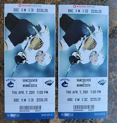 Vancouver Canucks Minnesota Wild Ticket NHL April 7 2011 Ryan Kesler 3 Goals • $24