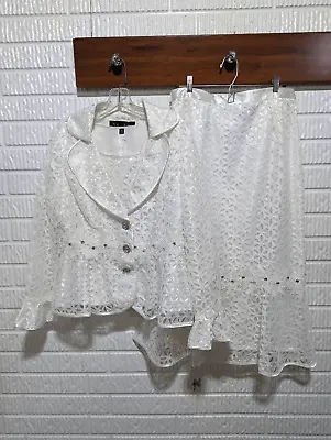 Moshita Couture Womens White Lace Overlay Rhinestone Embellished 3 Pc Skirt Suit • $98