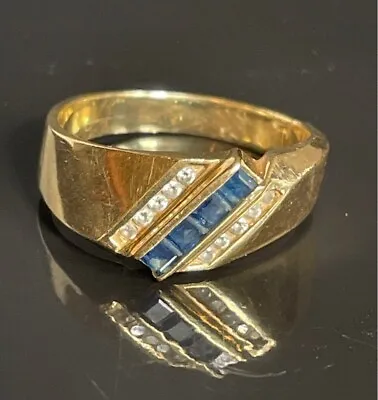 Mens 14k Yellow Gold Sapphire And Diamond Ring Size 10 • $499