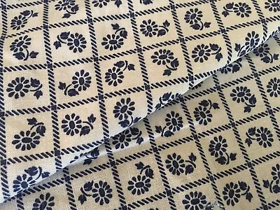 Antique Vintage French Small Scale Daisy Floral Cotton Fabric ~ Dk Blue White • $44.99