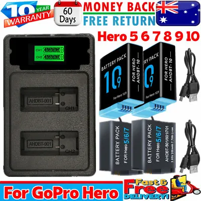 2x 2000mAh Battery / Dual Charger For GoPro Hero 5 Hero 6 7 8 9 10 Camera Kit AU • $39.99