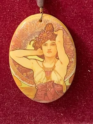 Vintage Alphonse Mucha Oval Woman W/Red Hair 2.40x1.75 Pendant Necklace 28  • $75