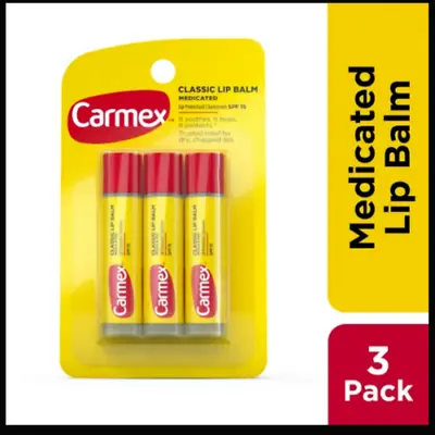 Carmex Classic Medicated Lip Balm Sticks Lip Moisturizer SPF 15 3 Count • $5.99