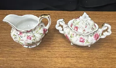 Vintage Lefton NE794R China Pink Rose Chintz Miniature Sugar And Creamer Set • $20