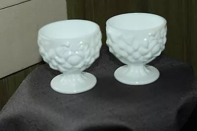 Two White Milk Glass Candle Holders Raised Design On Pedestal • $3