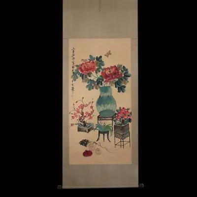 Chinese Old Qi Baishi Watercolor Scroll Painting Peony Flower • $169.99