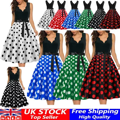 UK Vintage Women Polka Dot 50s/60s Sleeveless V Neck Party Swing Housewife Dress • £15.19