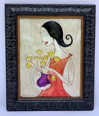 Carmen Elisa Metallic Mixed Media Painting On Embossed Metal Girl With Flowers • $50