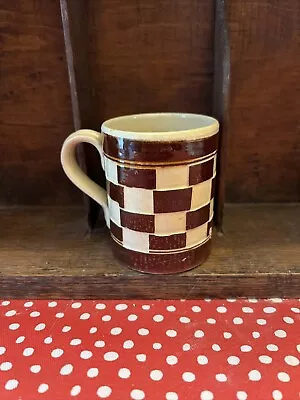 Antique Mochaware  MochaWare Mug Pottery Brown Checkerboard Childrens Cup 1800's • $38