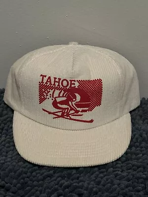 Vintage Lake Tahoe Nevada Corduroy Snapback Hat White Red Ski Moutain Resort • $32