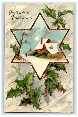 C1910's Christmas Greetings House Winter Snow Holly Gel Gold Gilt Postcard • $9.72