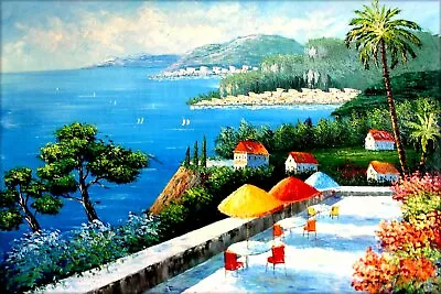 Stretched A View Of Mediterranean III 100% Hand Painted Oil Painting 24x36in • $98.95