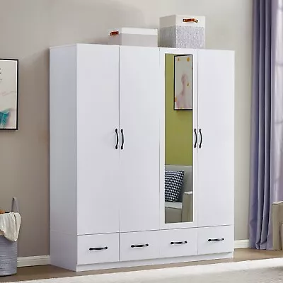 Mirror Wardrobe Armoire Closet 4 Door White W/ 4 Drawers Shelves & Hanging Rod • $529.99