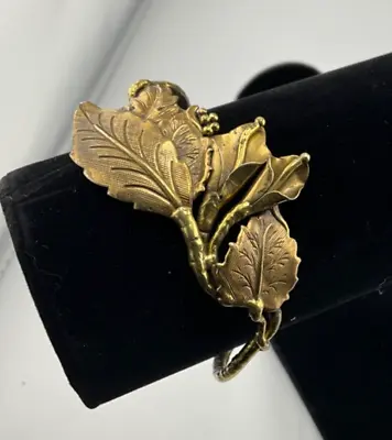 Vintage Handcrafted  Brass Copper Leaf Berry Person 6.5” Cuff Bracelet • $39.99