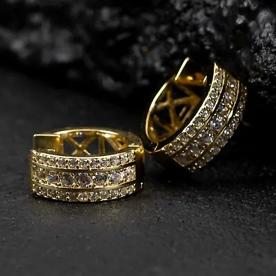 Iced Cz Pointer Yellow Gold Plated 925 Sterling Silver Men's Hoop Earrings • $18.99