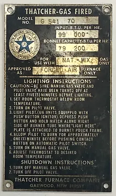 Vintage Thatcher Gas Fired Furnace Company Metal Nameplate EMBLEM USA • $10