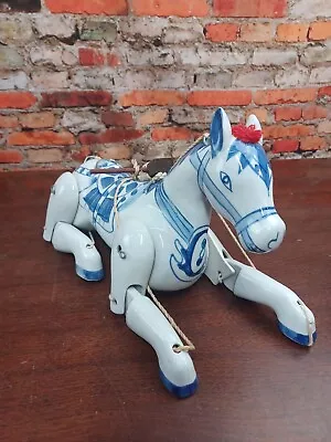 Vtg Blue & White Ceramic Articulating Horse Marionette Puppet Hand Painted 12 In • $115.35