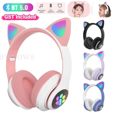 $20.96 • Buy Wireless Headphones Cat Ear Bluetooth Over Ear Kids Headsets Foldable LED Lights