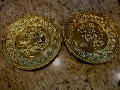 2 - 12   Vintage Brass Wall Hanging Plates Made In England Embossed Horse Scenes • $33.95