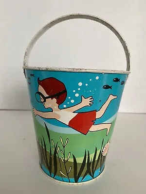 Vintage J. Chein Tin Litho Sand Pail Graphics Of Children Swimming In The Ocean • $69.95