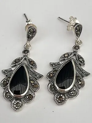 925 Sterling Silver Marcasite Black Onyx Drop Dangle Earrings Length 3.2cm • £19.90