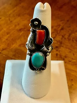 Lovely Vintage Native American Silver Turquoise & Coral Ring By Eddie Chee • $50