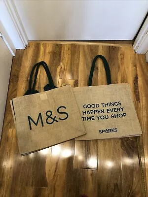 Strong M&S Large Shopping Tote Bag Marks & Spencer Jute Natural Green Sparks X2 • £28