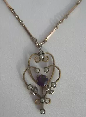 Edwardian Lavalier Amethyst & Seed Pearl Rolled Gold Filled Pendant Bar Necklace • £110