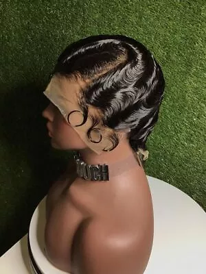 Short Black Bob Finger Wave Pixie Cut L Part Lace Front Human Hair Wig For Women • $37.53