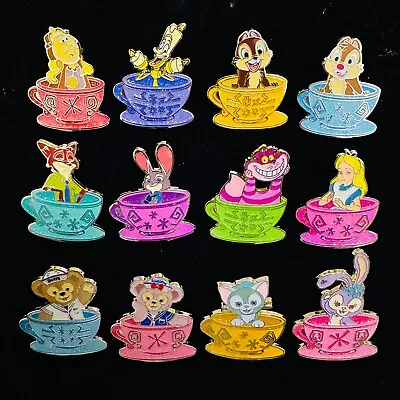 Disney HKDL Lot Mad Hatter Coffee Cup 12 Pin Set Judy Nick Chip Dale Alice Cat • $15